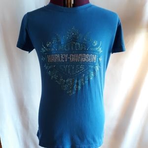 Blue Harley Davidson T-Shirt with Bling! Size M